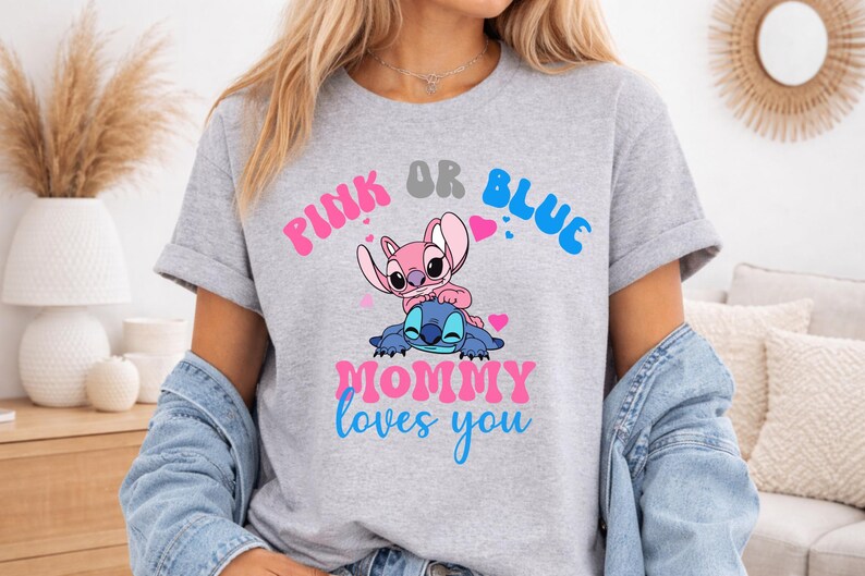 Custom Stitch Gender Reveal Shirt– Disney Baby Shower Tee– Pink or Blue Family Loves You– Cute Pregnancy Announcement Shirt–Team Boy or Girl