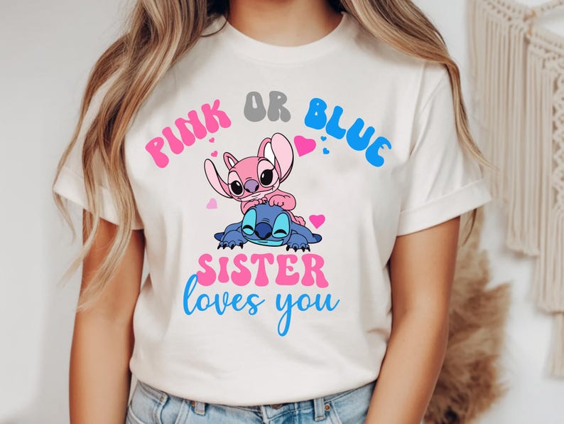 Custom Stitch Gender Reveal Shirt– Disney Baby Shower Tee– Pink or Blue Family Loves You– Cute Pregnancy Announcement Shirt–Team Boy or Girl