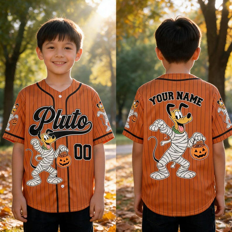 Personalized Pluto Dog Halloween Baseball Jersey, Custom Pinstripe Kids Halloween Trip Shirt