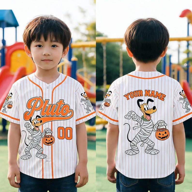 Personalized Pluto Dog Halloween Baseball Jersey, Custom Pinstripe Kids Halloween Trip Shirt