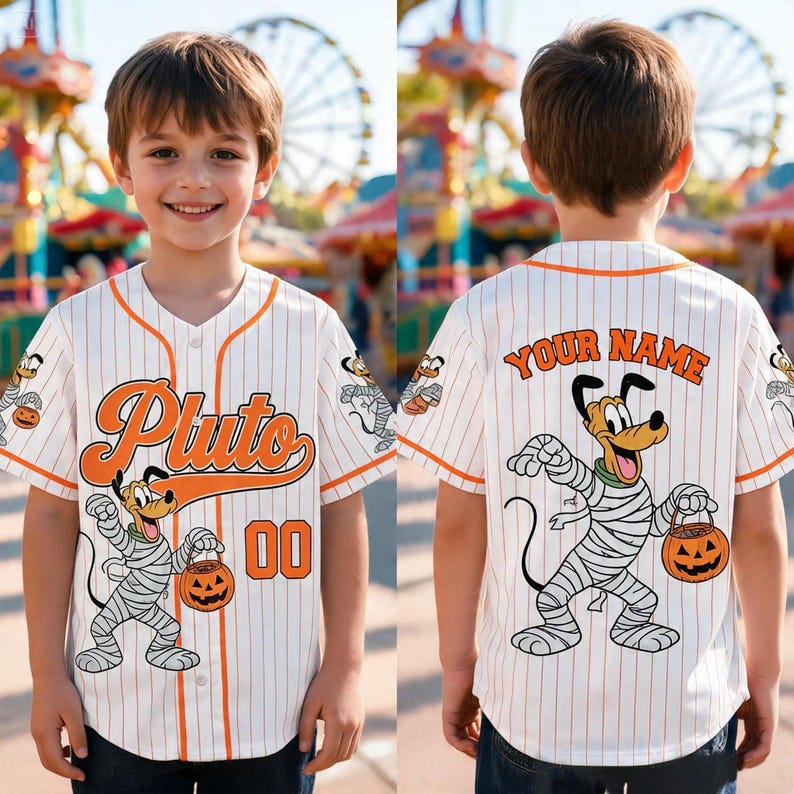 Personalized Pluto Dog Halloween Baseball Jersey, Custom Pinstripe Kids Halloween Trip Shirt