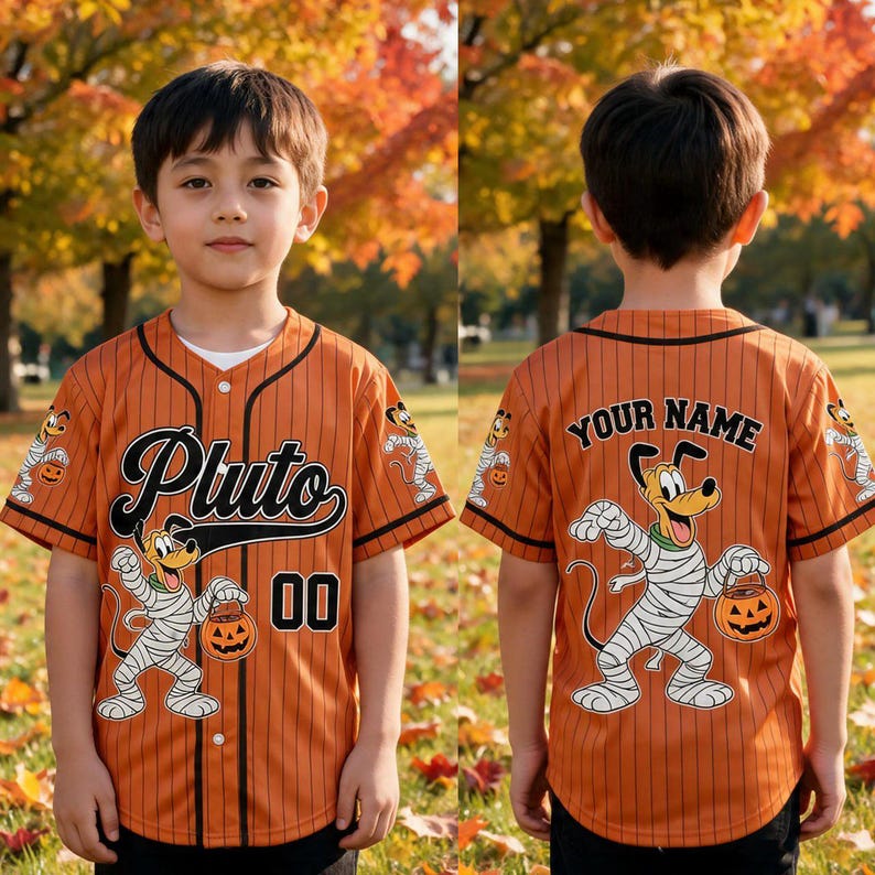 Personalized Pluto Dog Halloween Baseball Jersey, Custom Pinstripe Kids Halloween Trip Shirt