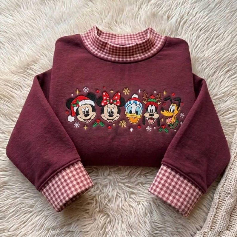 Mickey and Friends Christmas Embroidered Sweatshirt, Disney Gingham Mock Neck Sweater, Minnie Donald Goofy Pluto Christmas Vacation Shirt