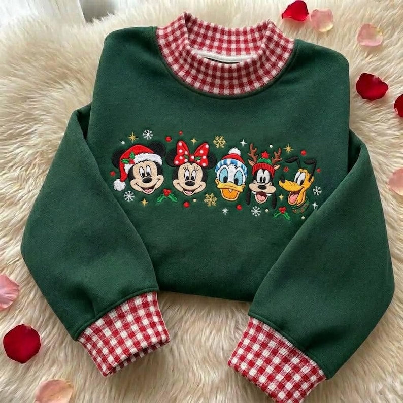 Mickey and Friends Christmas Embroidered Sweatshirt, Disney Gingham Mock Neck Sweater, Minnie Donald Goofy Pluto Christmas Vacation Shirt