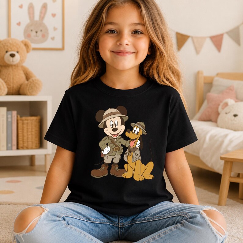 Disney Safari Kids Shirt, Mickey Pluto Graphic Tee, Explorer Hat Portrait Crew Tops, Night Friends Group Trip Park Gift Sweatshirt