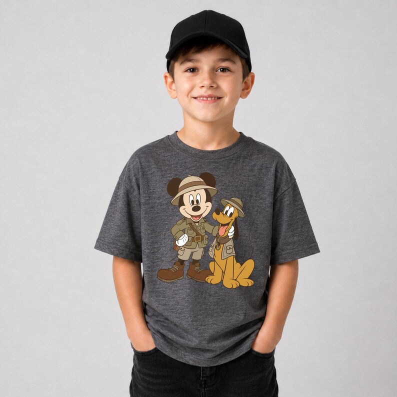 Disney Safari Kids Shirt, Mickey Pluto Graphic Tee, Explorer Hat Portrait Crew Tops, Night Friends Group Trip Park Gift Sweatshirt