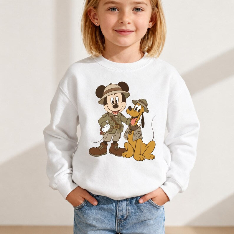 Disney Safari Kids Shirt, Mickey Pluto Graphic Tee, Explorer Hat Portrait Crew Tops, Night Friends Group Trip Park Gift Sweatshirt