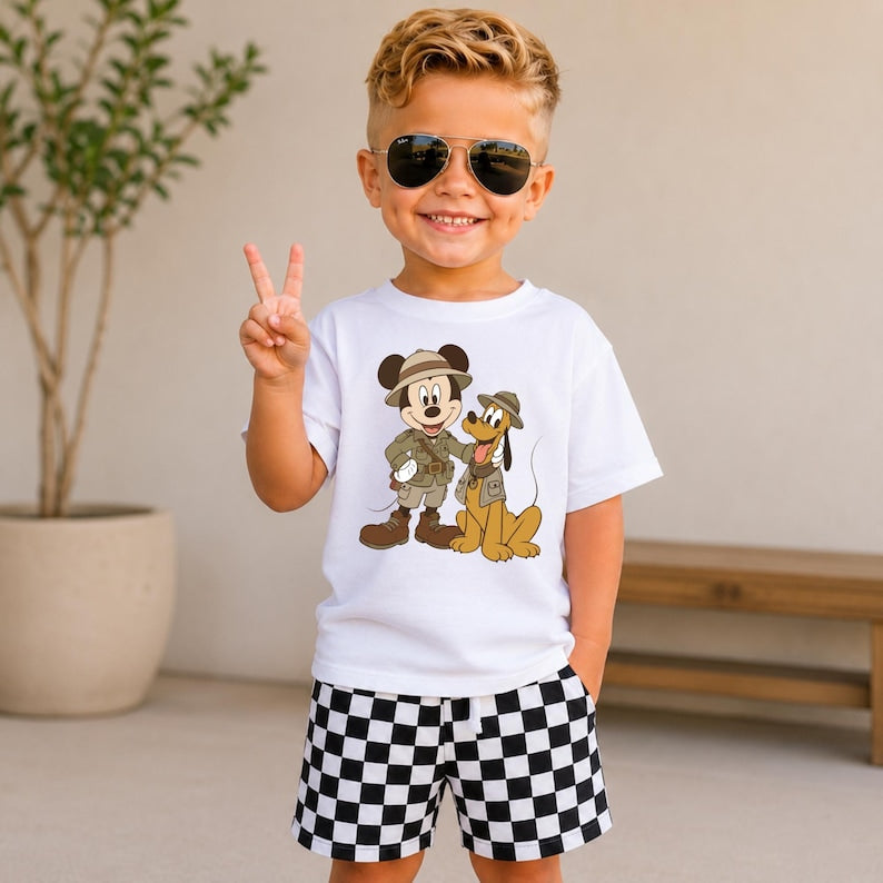 Disney Safari Kids Shirt, Mickey Pluto Graphic Tee, Explorer Hat Portrait Crew Tops, Night Friends Group Trip Park Gift Sweatshirt