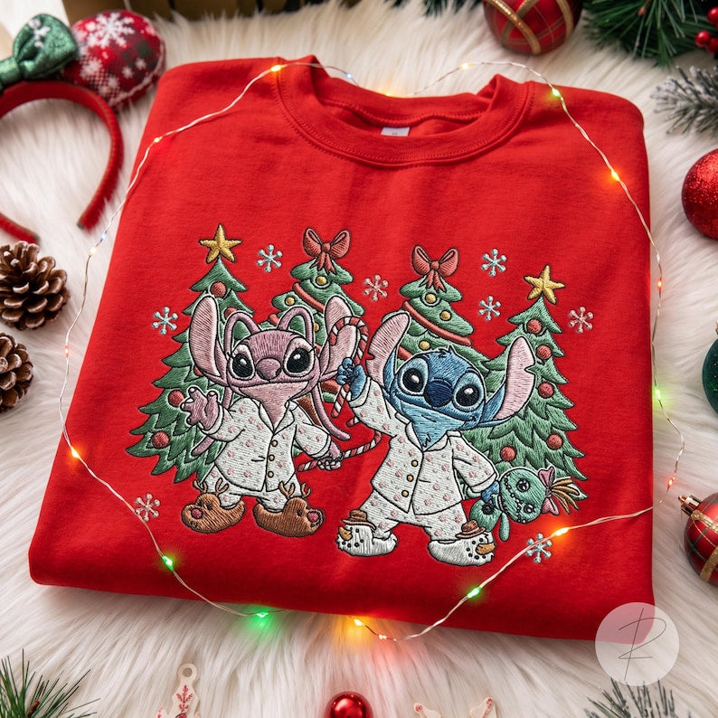 EMBROIDERED Stitch And Angel Christmas shirts, Embroidery Stitch Christmas shirts, Disney Christmas shirt, Stitch Christmas Lights Tee