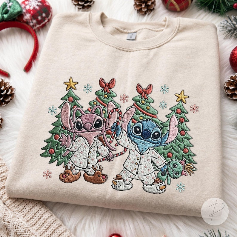 EMBROIDERED Stitch And Angel Christmas shirts, Embroidery Stitch Christmas shirts, Disney Christmas shirt, Stitch Christmas Lights Tee