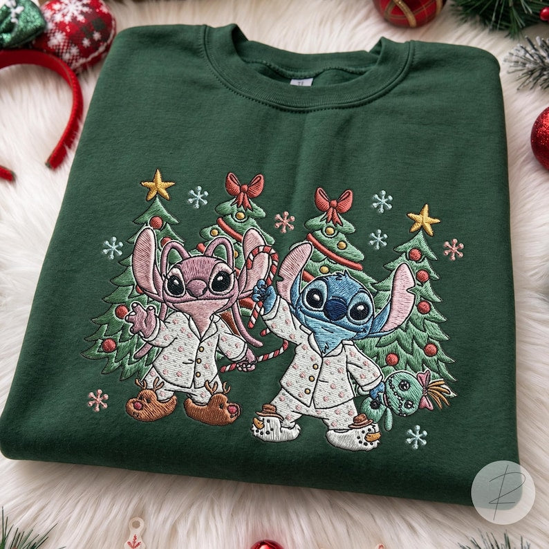 EMBROIDERED Stitch And Angel Christmas shirts, Embroidery Stitch Christmas shirts, Disney Christmas shirt, Stitch Christmas Lights Tee