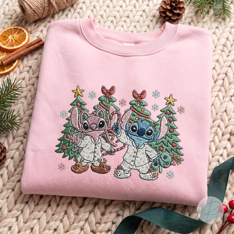 EMBROIDERED Stitch And Angel Christmas shirts, Embroidery Stitch Christmas shirts, Disney Christmas shirt, Stitch Christmas Lights Tee