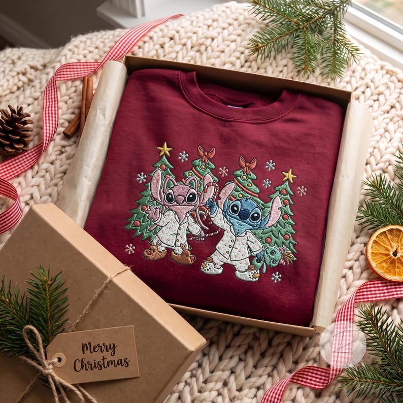 EMBROIDERED Stitch And Angel Christmas shirts, Embroidery Stitch Christmas shirts, Disney Christmas shirt, Stitch Christmas Lights Tee