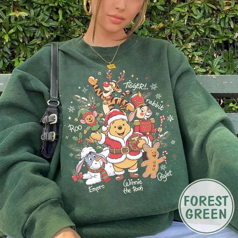 Vintage Winnie the Pooh Christmas Comfort Colors Shirt, Pooh and Friends Signature Holiday Tee, Retro Disney Family Matching Xmas Sweatshirt