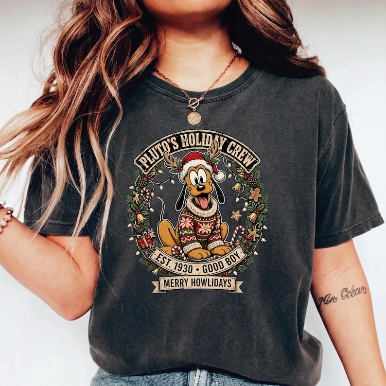 Pluto Christmas Shirt, Disney Holiday Crew T-shirt, Vintage Disney Xmas Sweatshirt, Retro Merry Howlidays Dog Mom Shirt