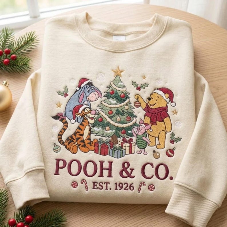 Embroidered Pooh and Friends Christmas Sweatshirt, Tigger Eeyore Piglet Christmas Shirt, Winnie The Pooh Holiday, Crewneck Disney Gift