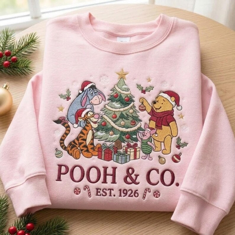 Embroidered Pooh and Friends Christmas Sweatshirt, Tigger Eeyore Piglet Christmas Shirt, Winnie The Pooh Holiday, Crewneck Disney Gift