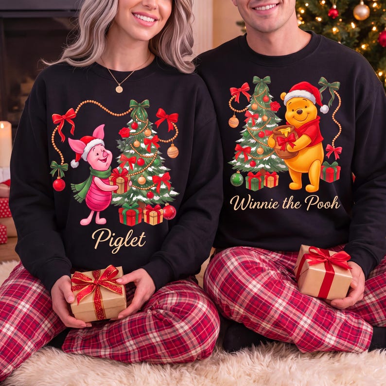 Piglet And Winnie The Pooh Christmas Sweatshirts, Disney Matching Holiday Sweater, Cute Pooh Bear Xmas Crewneck, Festive Couple Gift