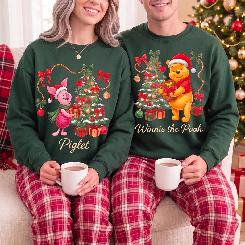 Piglet And Winnie The Pooh Christmas Sweatshirts, Disney Matching Holiday Sweater, Cute Pooh Bear Xmas Crewneck, Festive Couple Gift