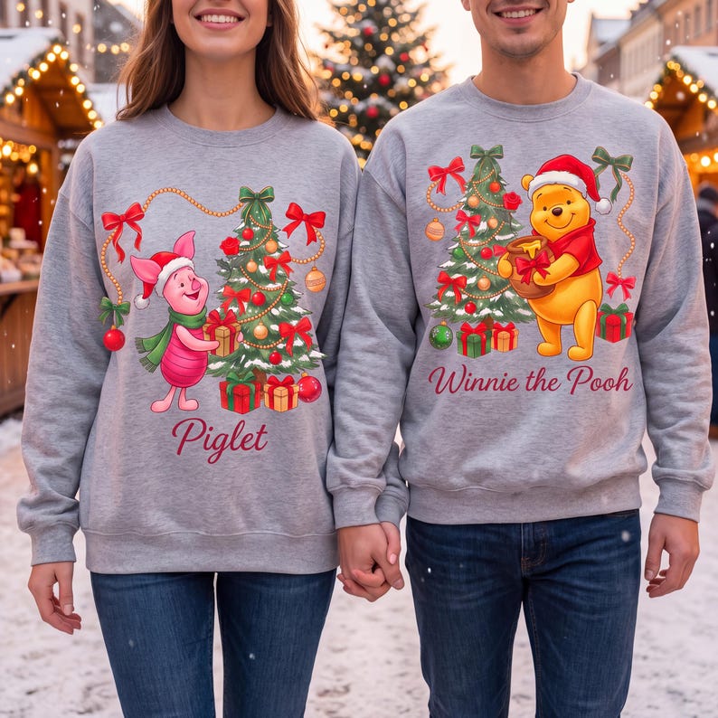 Piglet And Winnie The Pooh Christmas Sweatshirts, Disney Matching Holiday Sweater, Cute Pooh Bear Xmas Crewneck, Festive Couple Gift