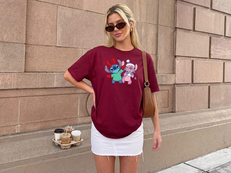 Stitch Christmas T-Shirt, Angel Stitch Holiday Tee, Disney Alien Xmas Tshirt, Cartoon Reindeer Antlers Shirt, Cute Winter Character Tee