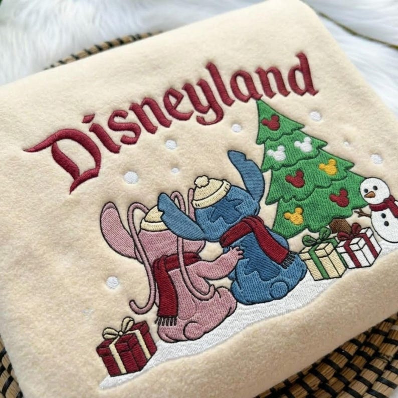Stitch & Angel Christmas Embroidered Sweatshirt, Disneyland Holiday T-shirt, Cute Disney Couple Winter Hoodie, Cozy Christmas Gift