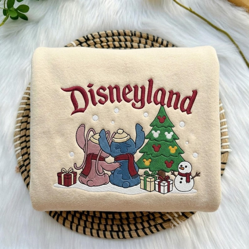 Stitch & Angel Christmas Embroidered Sweatshirt, Disneyland Holiday T-shirt, Cute Disney Couple Winter Hoodie, Cozy Christmas Gift