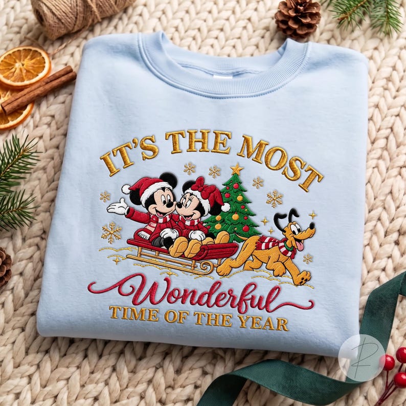 Custom Embroidered Mickey Minnie Sleigh Ride Christmas Sweatshirt, Pluto Dog Lover Lapel, Mouse And Friends Christmas Shirt, Holiday Trip