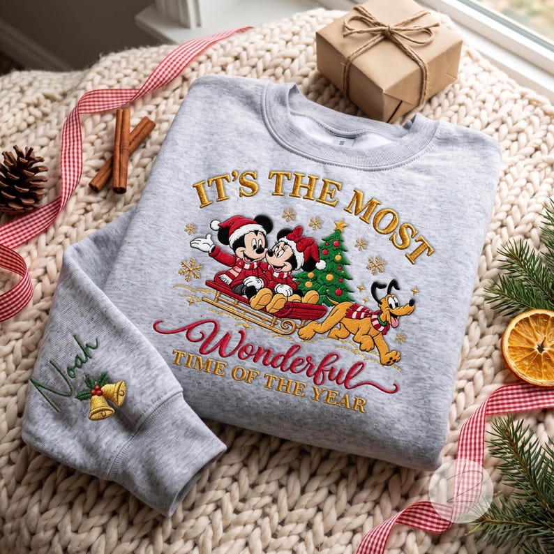 Custom Embroidered Mickey Minnie Sleigh Ride Christmas Sweatshirt, Pluto Dog Lover Lapel, Mouse And Friends Christmas Shirt, Holiday Trip