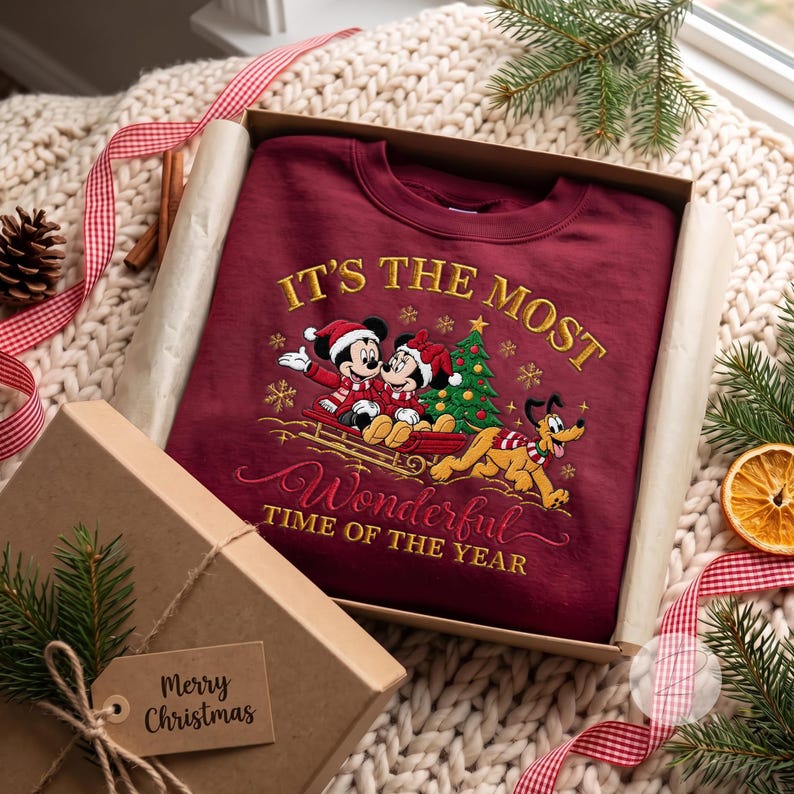 Custom Embroidered Mickey Minnie Sleigh Ride Christmas Sweatshirt, Pluto Dog Lover Lapel, Mouse And Friends Christmas Shirt, Holiday Trip
