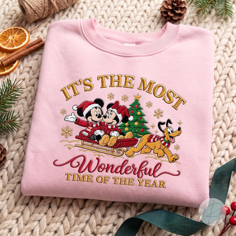 Custom Embroidered Mickey Minnie Sleigh Ride Christmas Sweatshirt, Pluto Dog Lover Lapel, Mouse And Friends Christmas Shirt, Holiday Trip