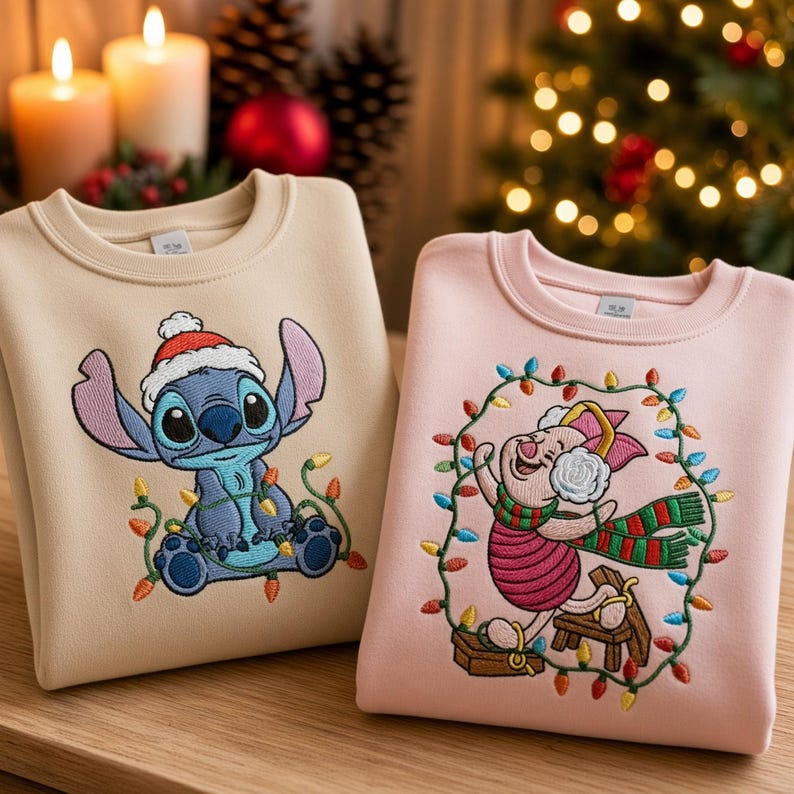 Embroidered Stitch & Piglet Christmas Sweatshirt, Disney Christmas Light Shirt, Winnie the Pooh Xmas Hoodie, Disney Shirt, Disneyland Outfit