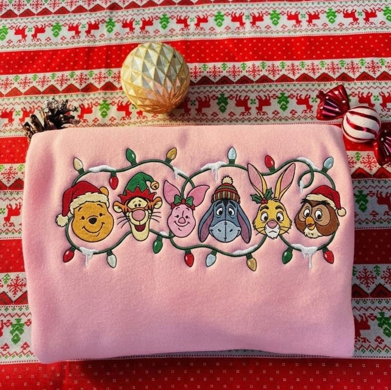 Winnie the Pooh Christmas Embroidered Sweatshirt T-shirt, Piglet Tigger Eeyore Holiday Crewneck, Disney Christmas Lights Sweater, Xmas Gift
