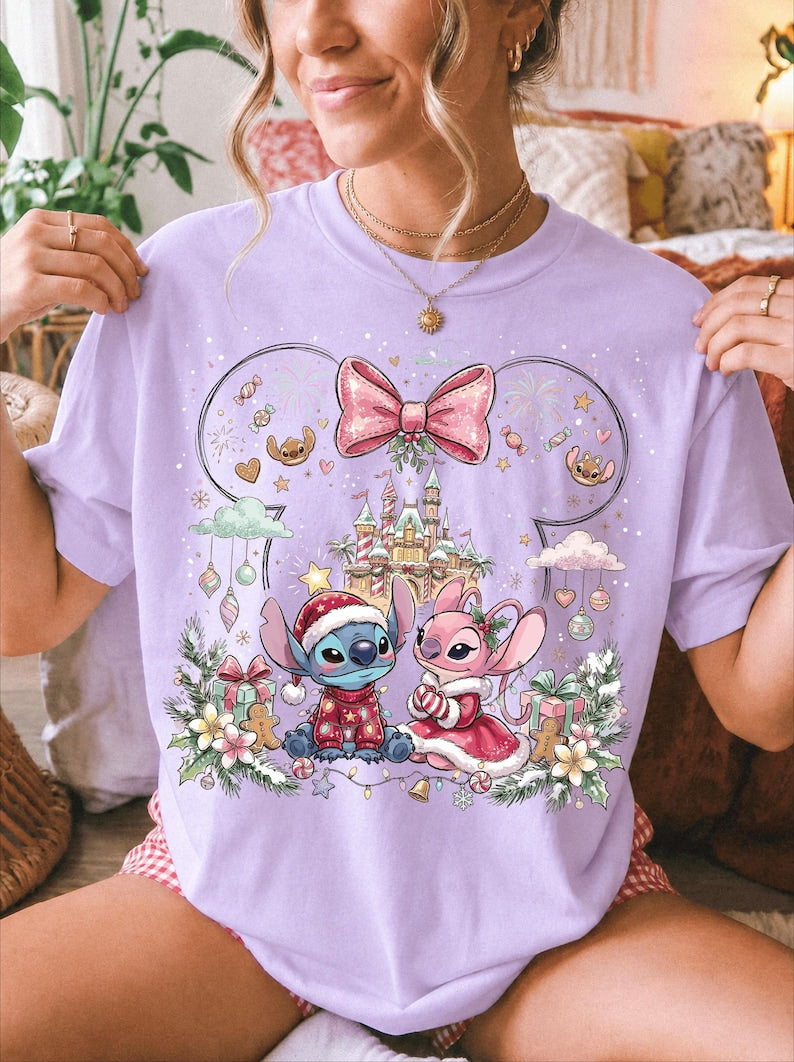 Stitch And Angel Christmas Comfort Colors® Shirt, Merry Stitchmas T-Shirt, Disney Couple Xmas Trip Tee