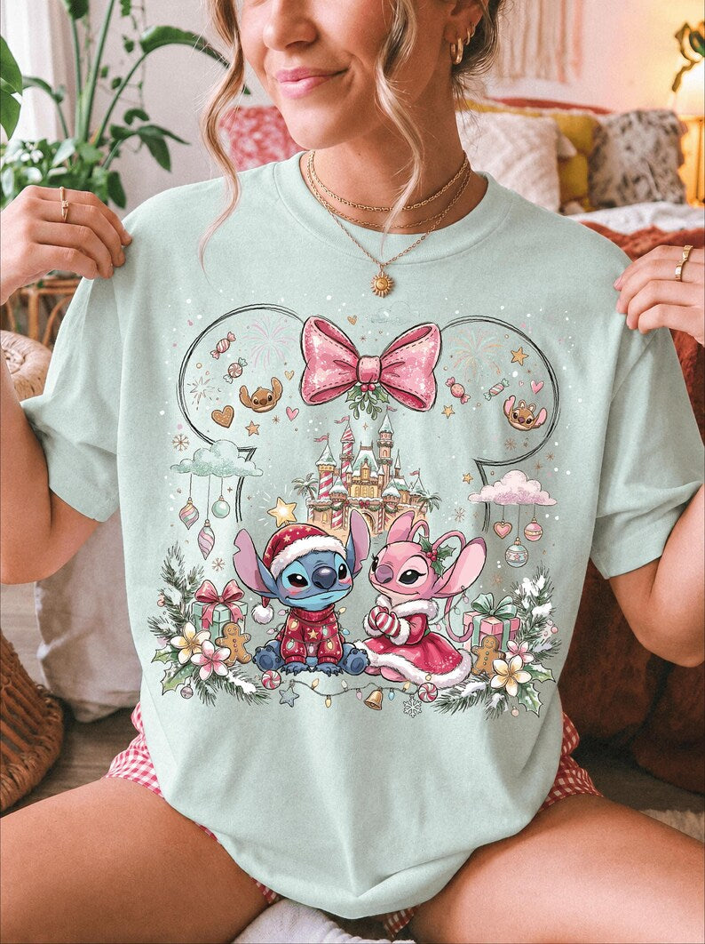 Stitch And Angel Christmas Comfort Colors® Shirt, Merry Stitchmas T-Shirt, Disney Couple Xmas Trip Tee