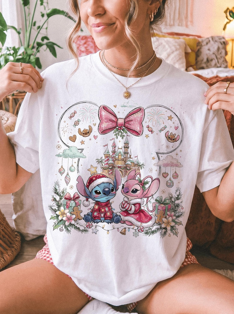 Stitch And Angel Christmas Comfort Colors® Shirt, Merry Stitchmas T-Shirt, Disney Couple Xmas Trip Tee