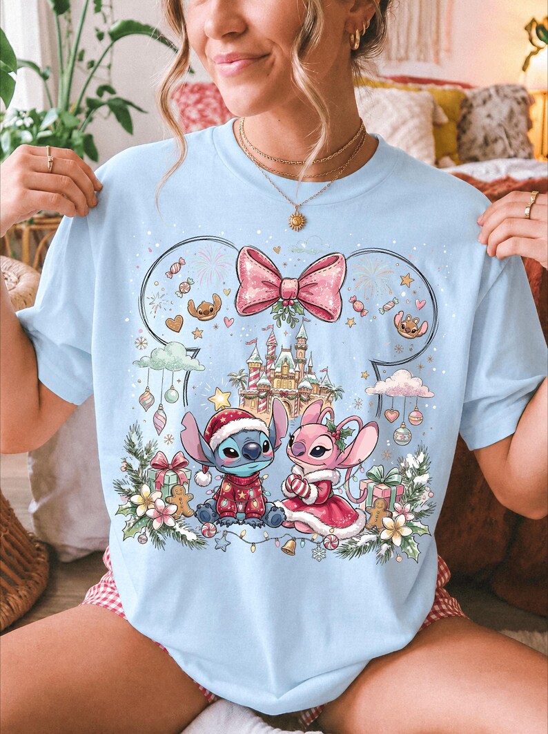 Stitch And Angel Christmas Comfort Colors® Shirt, Merry Stitchmas T-Shirt, Disney Couple Xmas Trip Tee