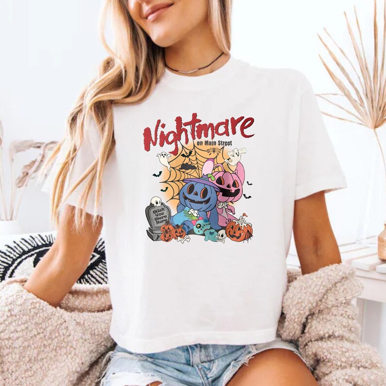 Stitch Angel Halloween Shirt, Nightmare on Main Street Tee, Spooky Season Top, Comfort Colors Boxy Tee, Retro Disney Fall Graphic Tee