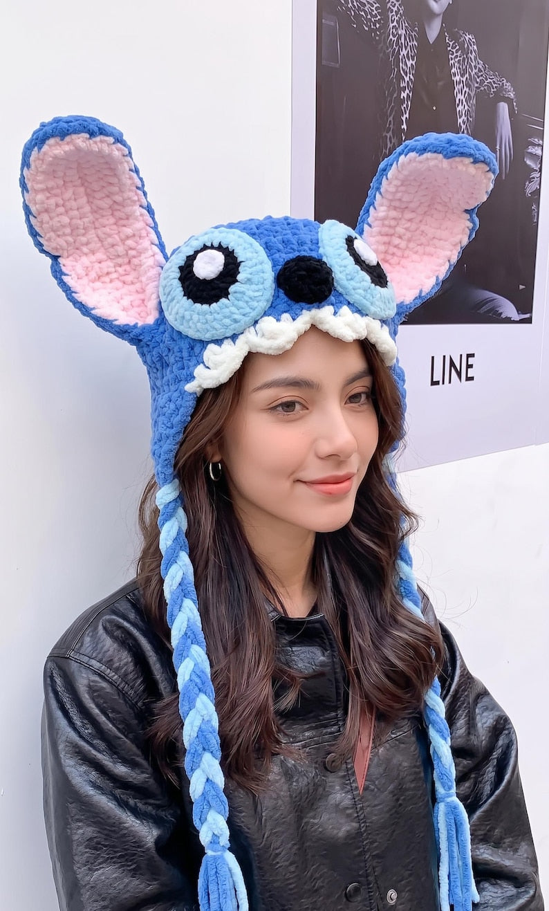 Handmade Crochet Stitch and Angel Hats - Stitch Beanie with Braids - Soft Velvet Yarn - Baby & Adult Sizes, Christmas gift, black friday