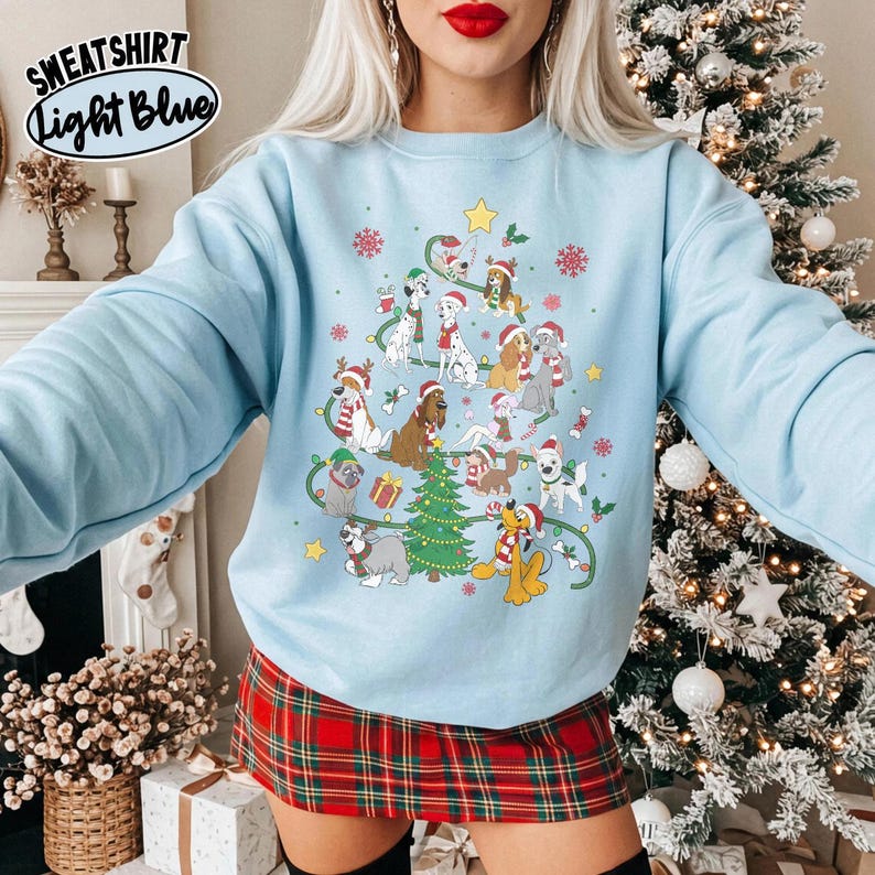 Disney Dogs Cats Group Christmas Tree Lights Comfort Color Shirt, Pluto Goofy Bolt Lady Figaro Marie Duchess Dogs Cats Christmas Trip Shirt