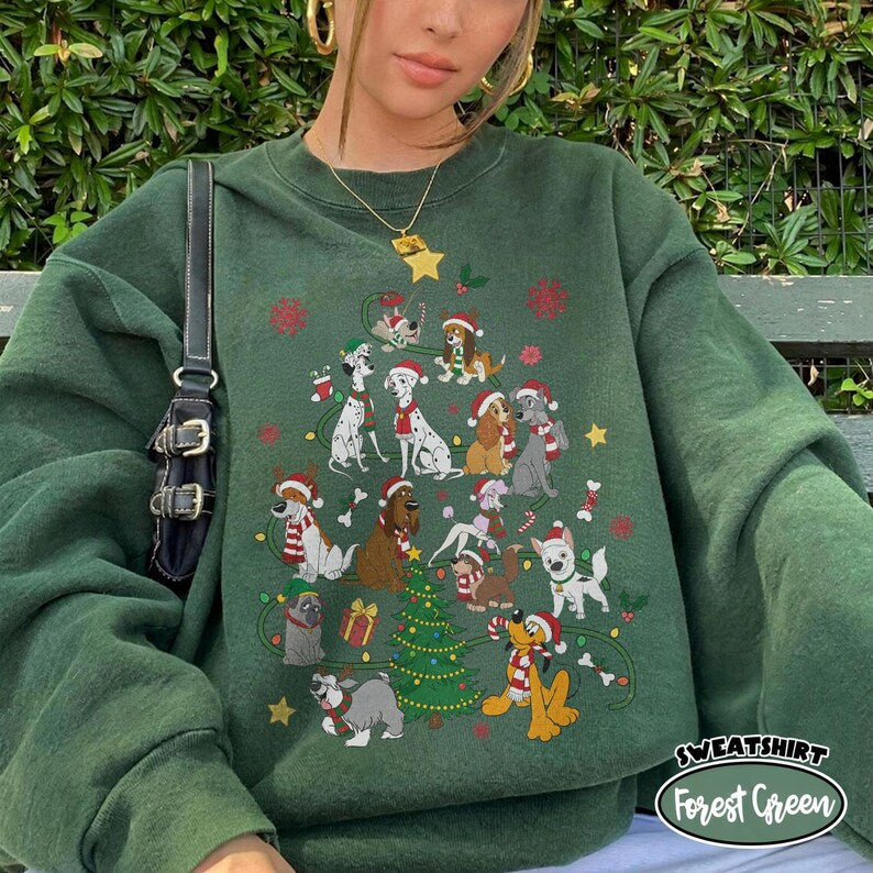 Disney Dogs Cats Group Christmas Tree Lights Comfort Color Shirt, Pluto Goofy Bolt Lady Figaro Marie Duchess Dogs Cats Christmas Trip Shirt