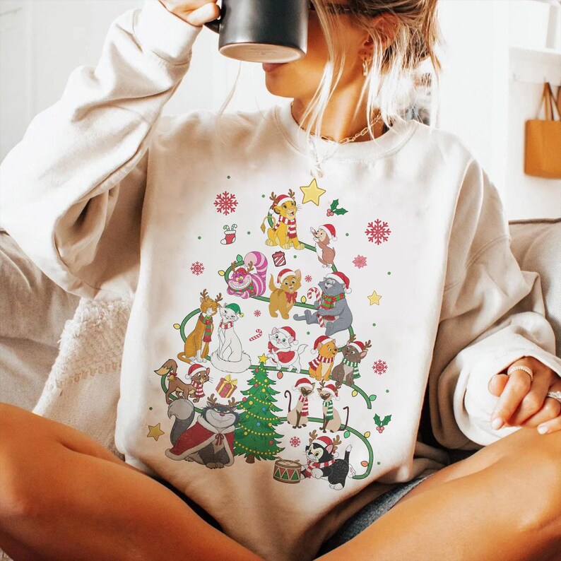 Disney Dogs Cats Group Christmas Tree Lights Comfort Color Shirt, Pluto Goofy Bolt Lady Figaro Marie Duchess Dogs Cats Christmas Trip Shirt