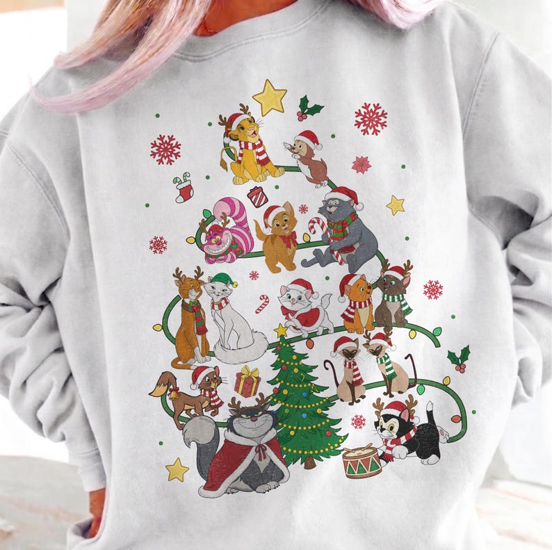Disney Dogs Cats Group Christmas Tree Lights Comfort Color Shirt, Pluto Goofy Bolt Lady Figaro Marie Duchess Dogs Cats Christmas Trip Shirt
