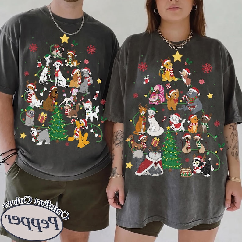 Disney Dogs Cats Group Christmas Tree Lights Comfort Color Shirt, Pluto Goofy Bolt Lady Figaro Marie Duchess Dogs Cats Christmas Trip Shirt