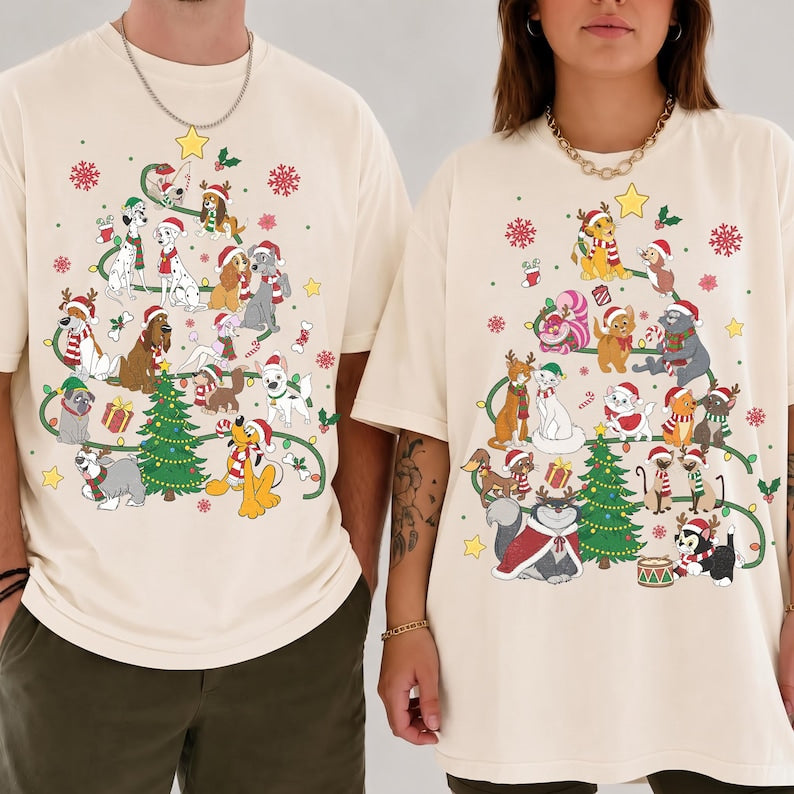 Disney Dogs Cats Group Christmas Tree Lights Comfort Color Shirt, Pluto Goofy Bolt Lady Figaro Marie Duchess Dogs Cats Christmas Trip Shirt
