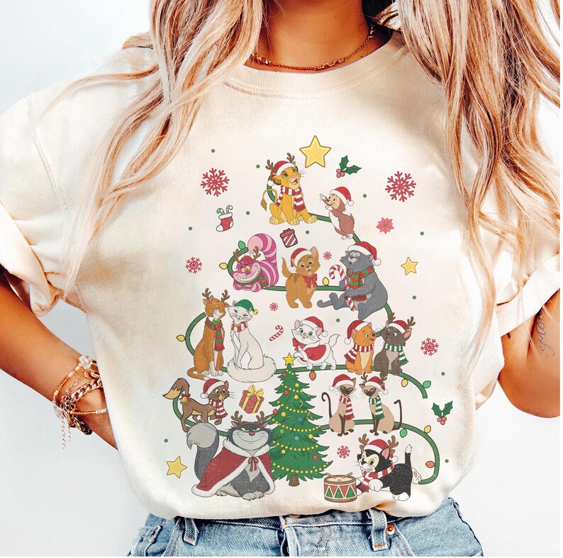 Disney Dogs Cats Group Christmas Tree Lights Comfort Color Shirt, Pluto Goofy Bolt Lady Figaro Marie Duchess Dogs Cats Christmas Trip Shirt