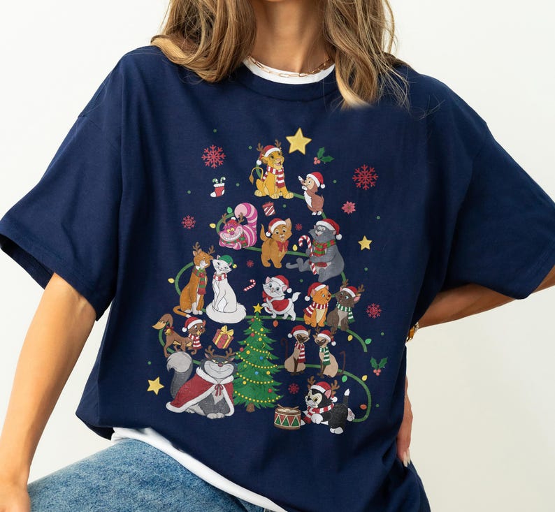 Disney Dogs Cats Group Christmas Tree Lights Comfort Color Shirt, Pluto Goofy Bolt Lady Figaro Marie Duchess Dogs Cats Christmas Trip Shirt