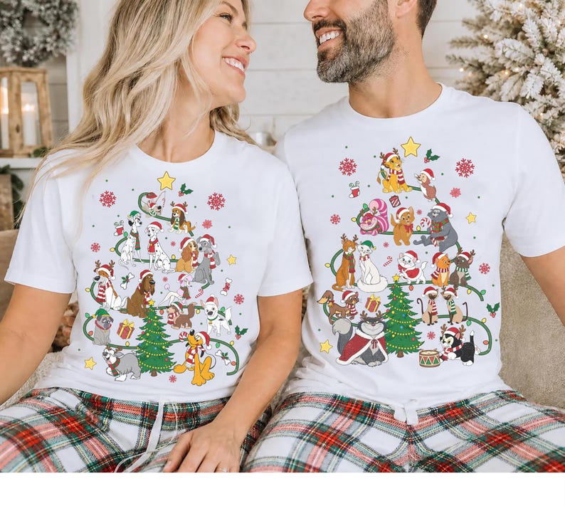 Disney Dogs Cats Group Christmas Tree Lights Comfort Color Shirt, Pluto Goofy Bolt Lady Figaro Marie Duchess Dogs Cats Christmas Trip Shirt