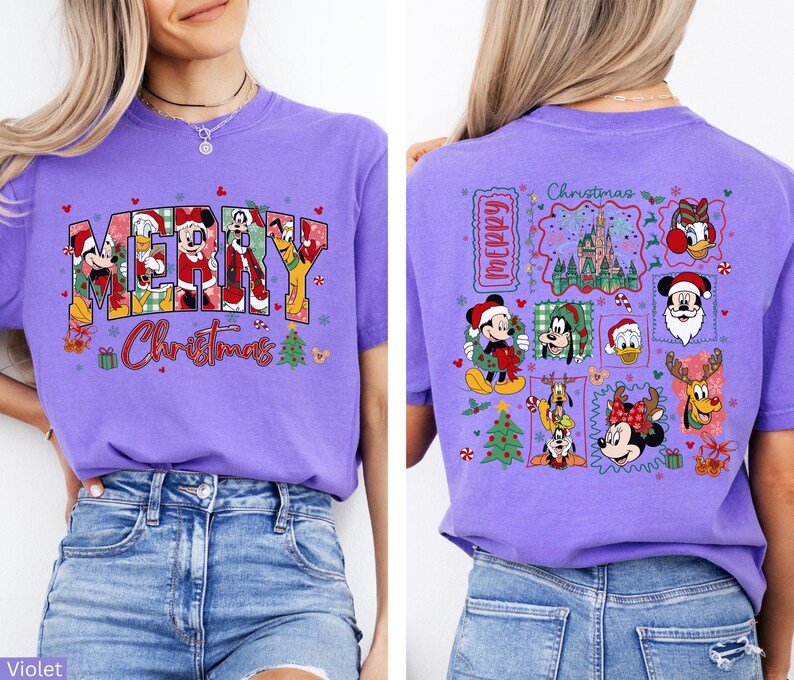Disney Christmas Kids Shirt Comfort Colors® Mickey And Friends Holiday Tee, Christmas Mickey Donald Goofy Pluto Santa, Front And Back Xmas