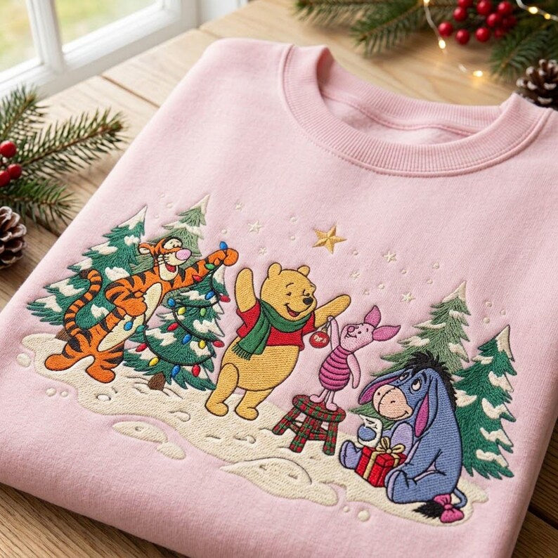 Pooh Tigger Piglet Eeyore Christmas Sweatshirt, Embroidered Holiday Crewneck, Hundred Acre Wood Winter Scene, Disney Christmas Gift